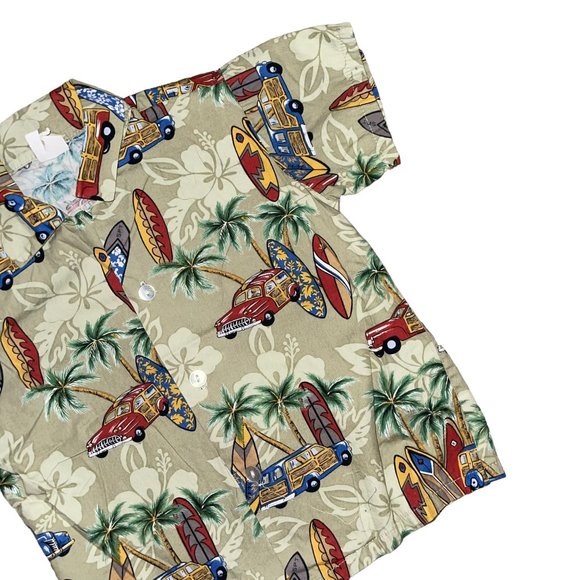 Vintage Hawaiian Shirt Big Boys 6 Green Vintage Car Surfboard Aloha Beach - Picture 3 of 8